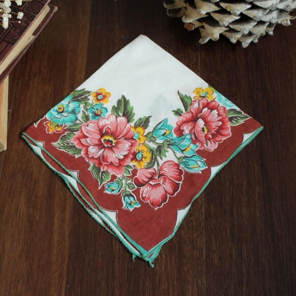 Vintage Handkerchief, Brown and Teal Wildflower Floral Print Cotton Hankie - Picture 2 of 10